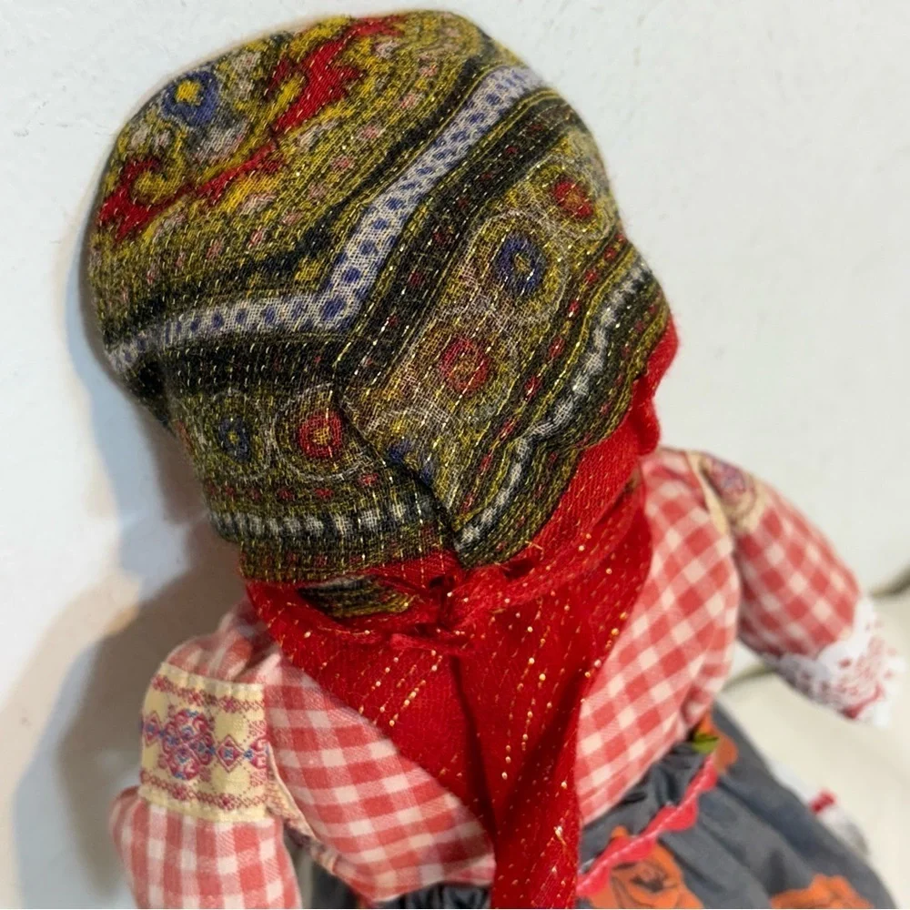 Vintage handmade faceless traditional folk rag doll fabric beads necklace RARE